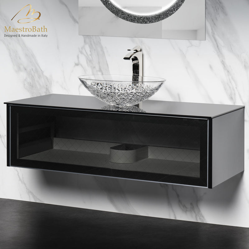 Modern Smoke Grid Glass Bathroom Vanity | Transparent