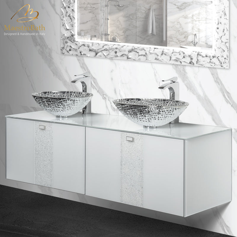 Luxury Crystal Glass Wallmount Bathroom Double Vanity | White