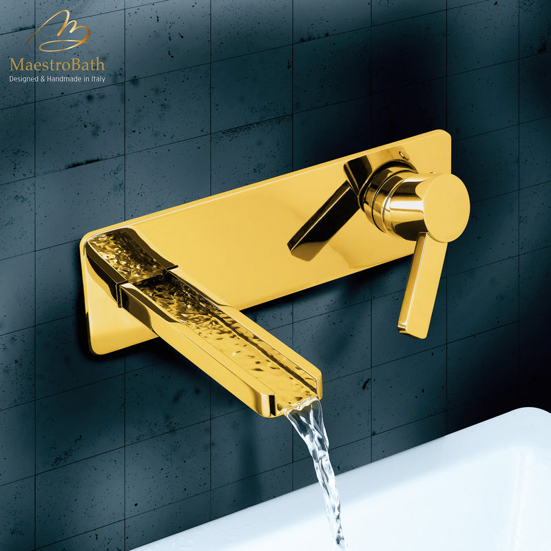 Modern Wall Mount Bathroom Faucet Aqua Gold Polish