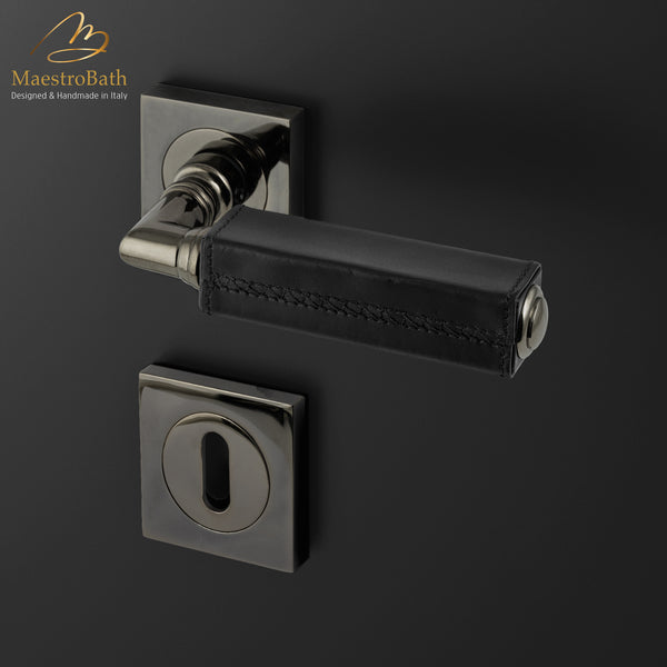 CUBO Leather Door Handle | Black/Rhutenium