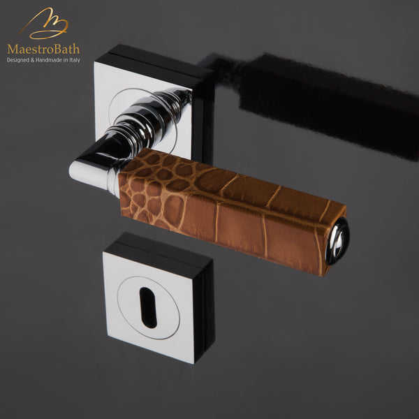 CUBO Leather Door Handle | Caramel/Chrome