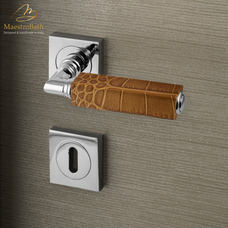 CUBO Leather Door Handle | Caramel/Chrome