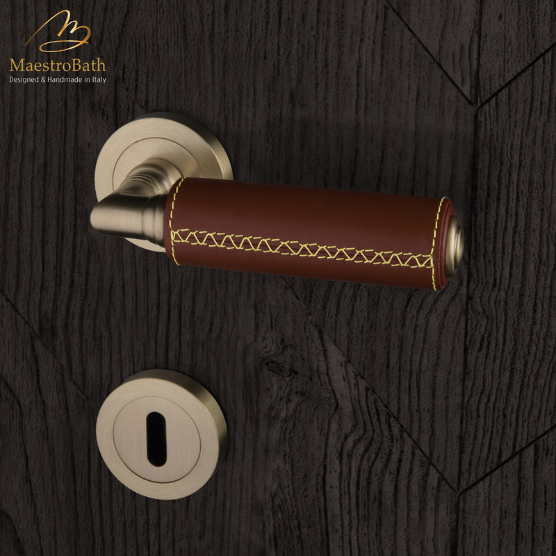 KIK Leather Door Handle | Natural/Brushed Brass