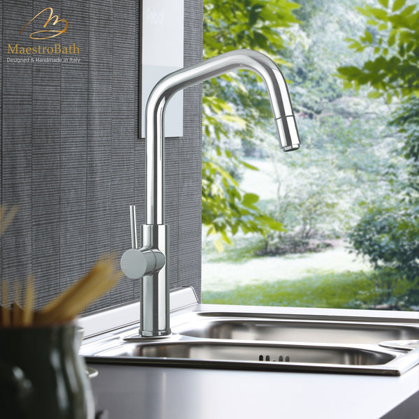 MITU DQ BRUSHED CHROME | Modern Kitchen Faucet With Pull Out Mono Shower #color_brushed nickel