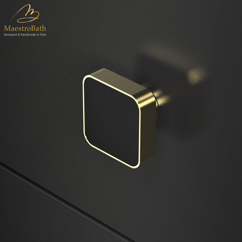 Square Leather Knob | Black/Polished Brass