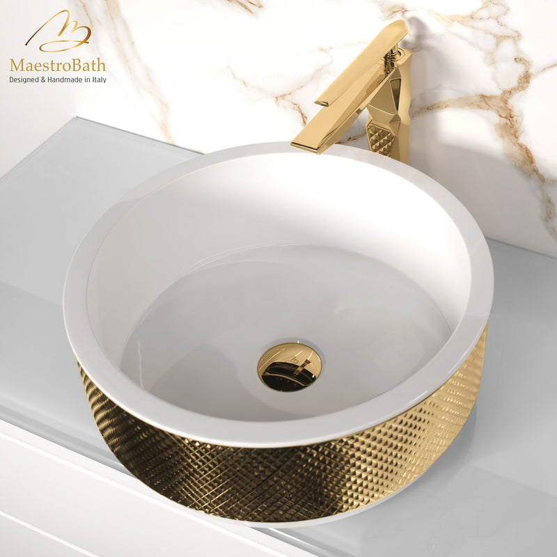 Hive Bathroom Vessel Sink | White and Gold