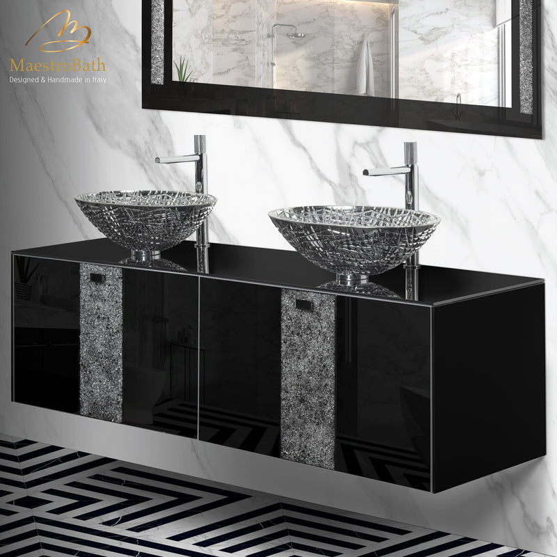 Luxury Crystal Glass Wallmount Bathroom Double Vanity | Black