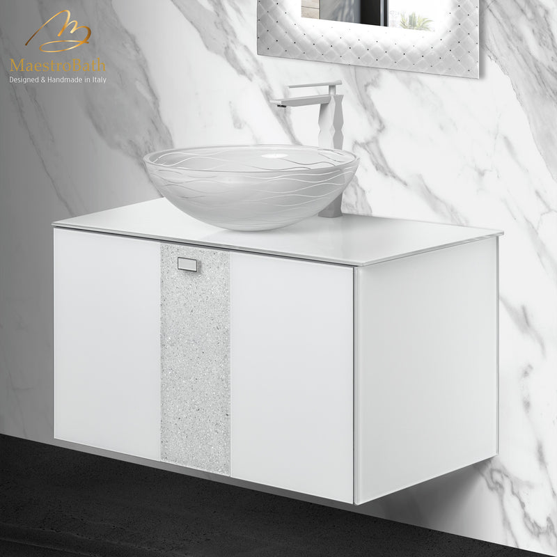 Luxury Crystal Glass Wallmount Bathroom Vanity | White